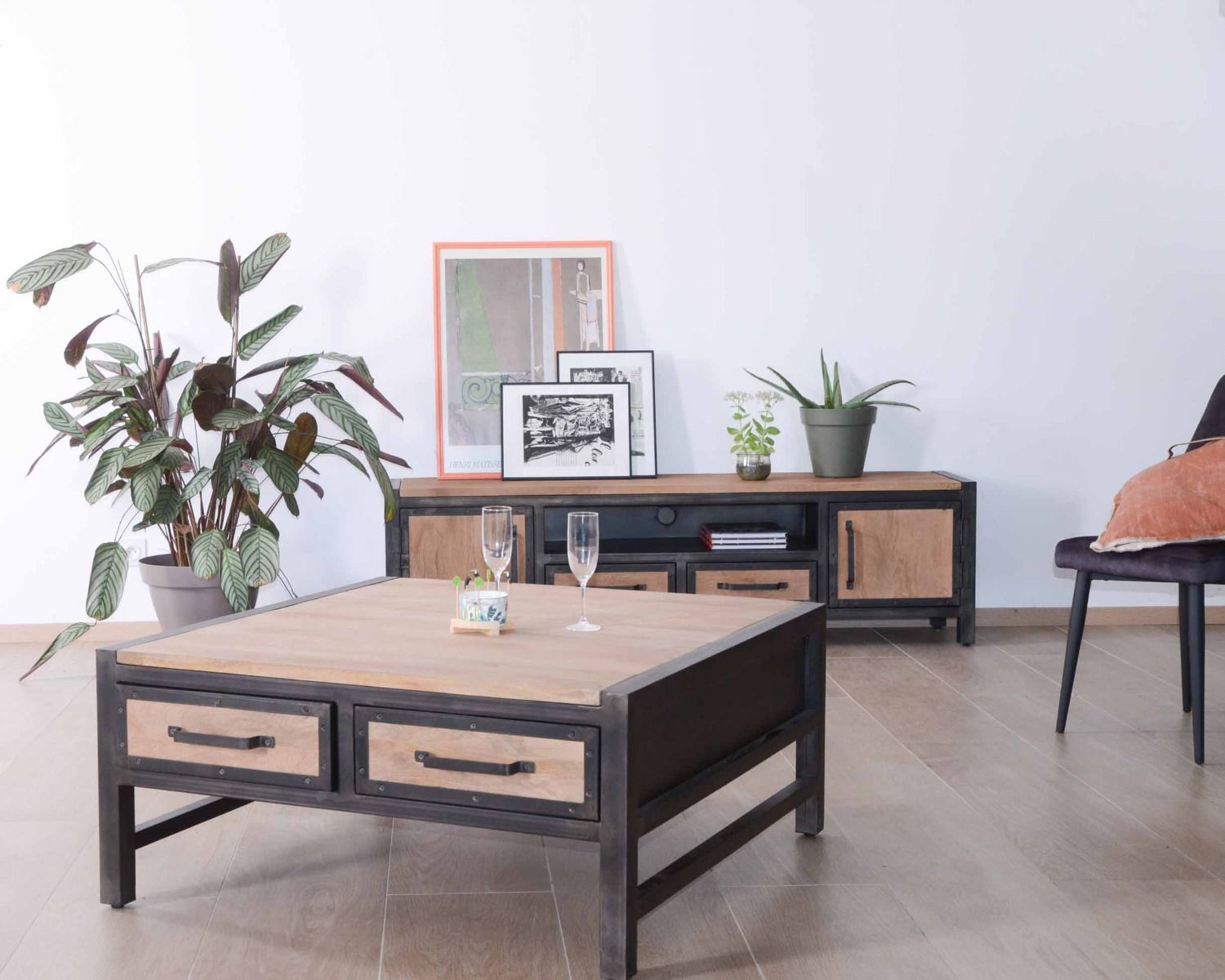 Porta tv Saturn" 180 cm in legno massiccio di mango e metallo industriale