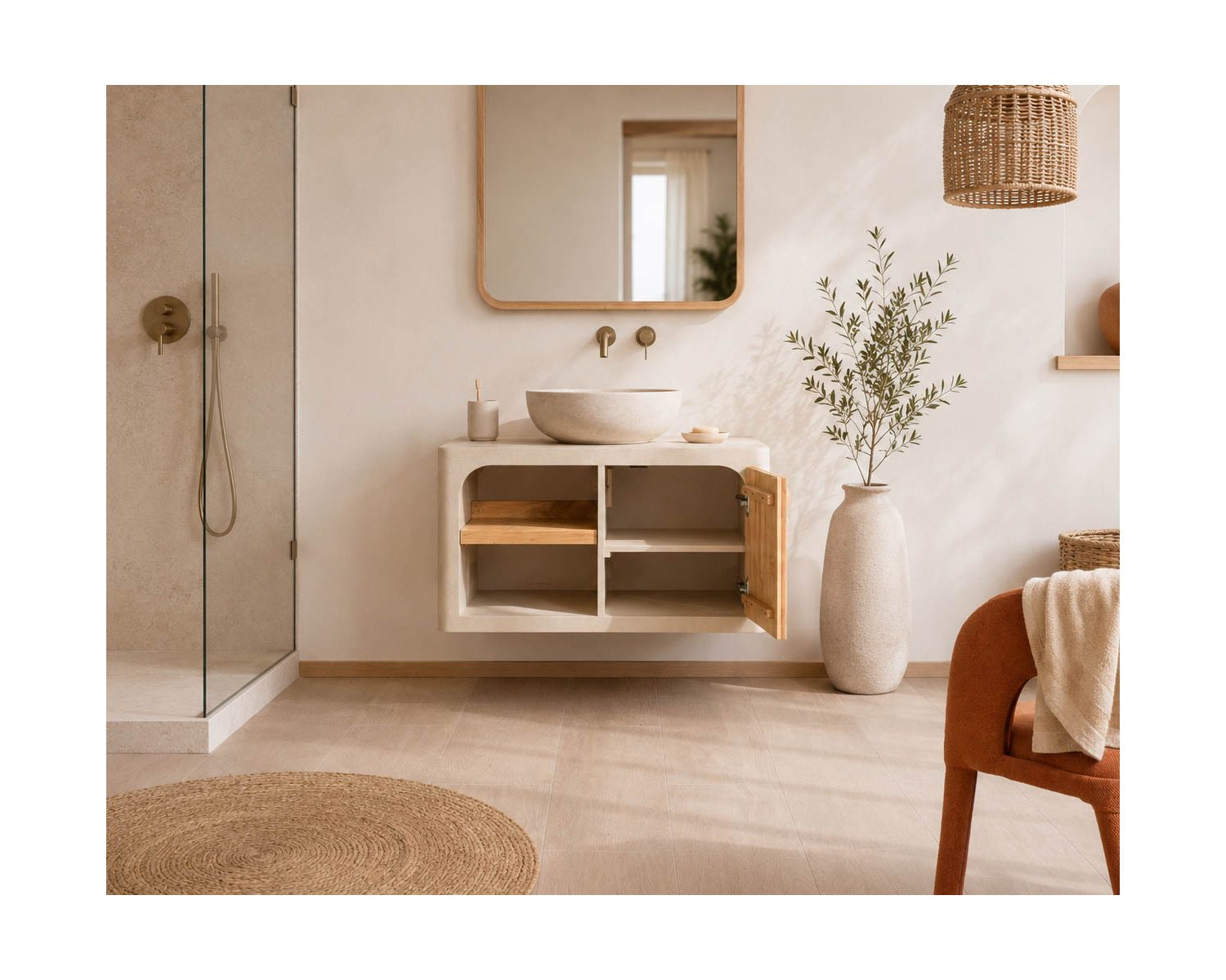 Mobile sottolavabo da 90 cm da appendere “Miona”, dal design organico e dall’effetto cemento sabbiato