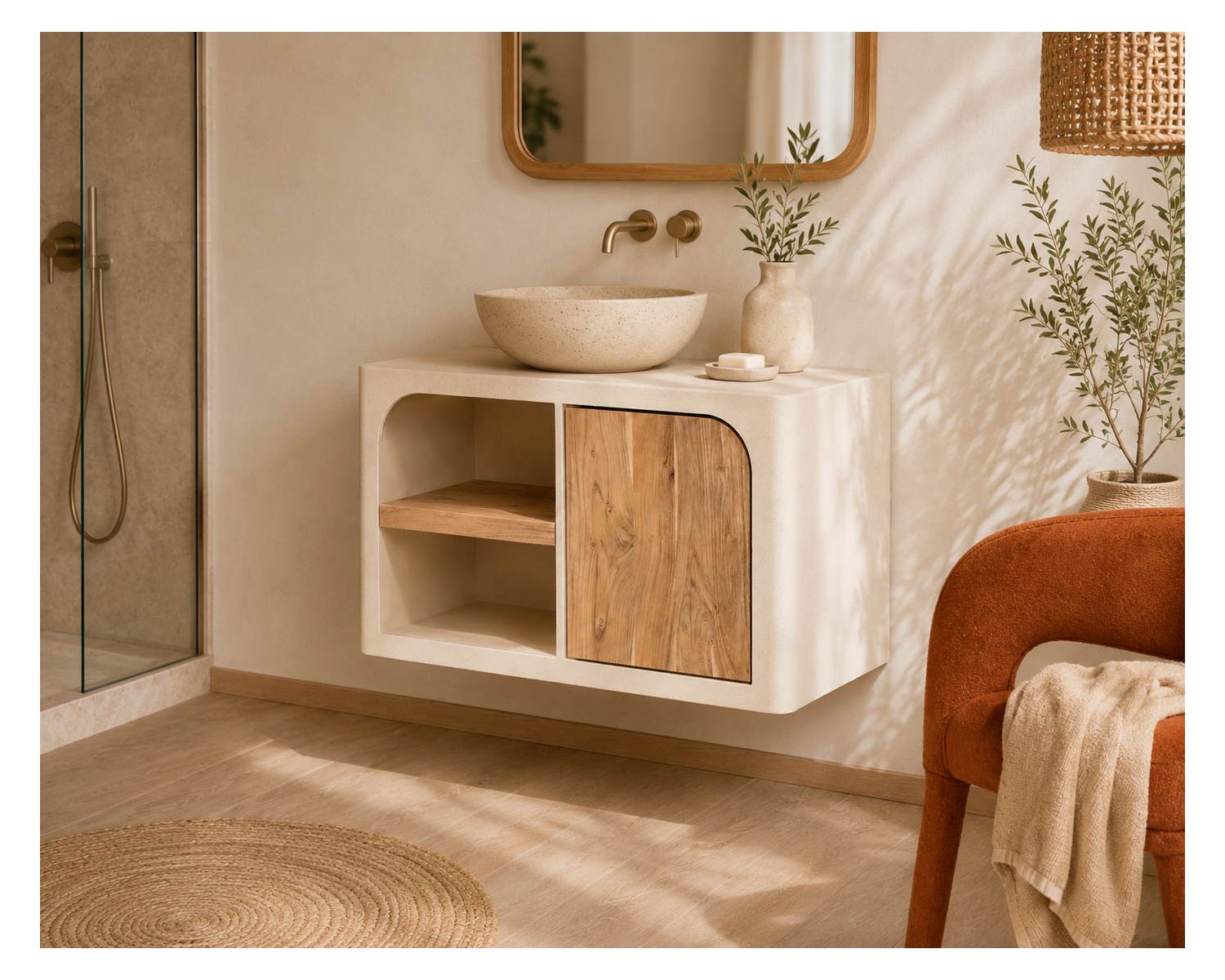 Mobile sottolavabo da 90 cm da appendere “Miona”, dal design organico e dall’effetto cemento sabbiato
