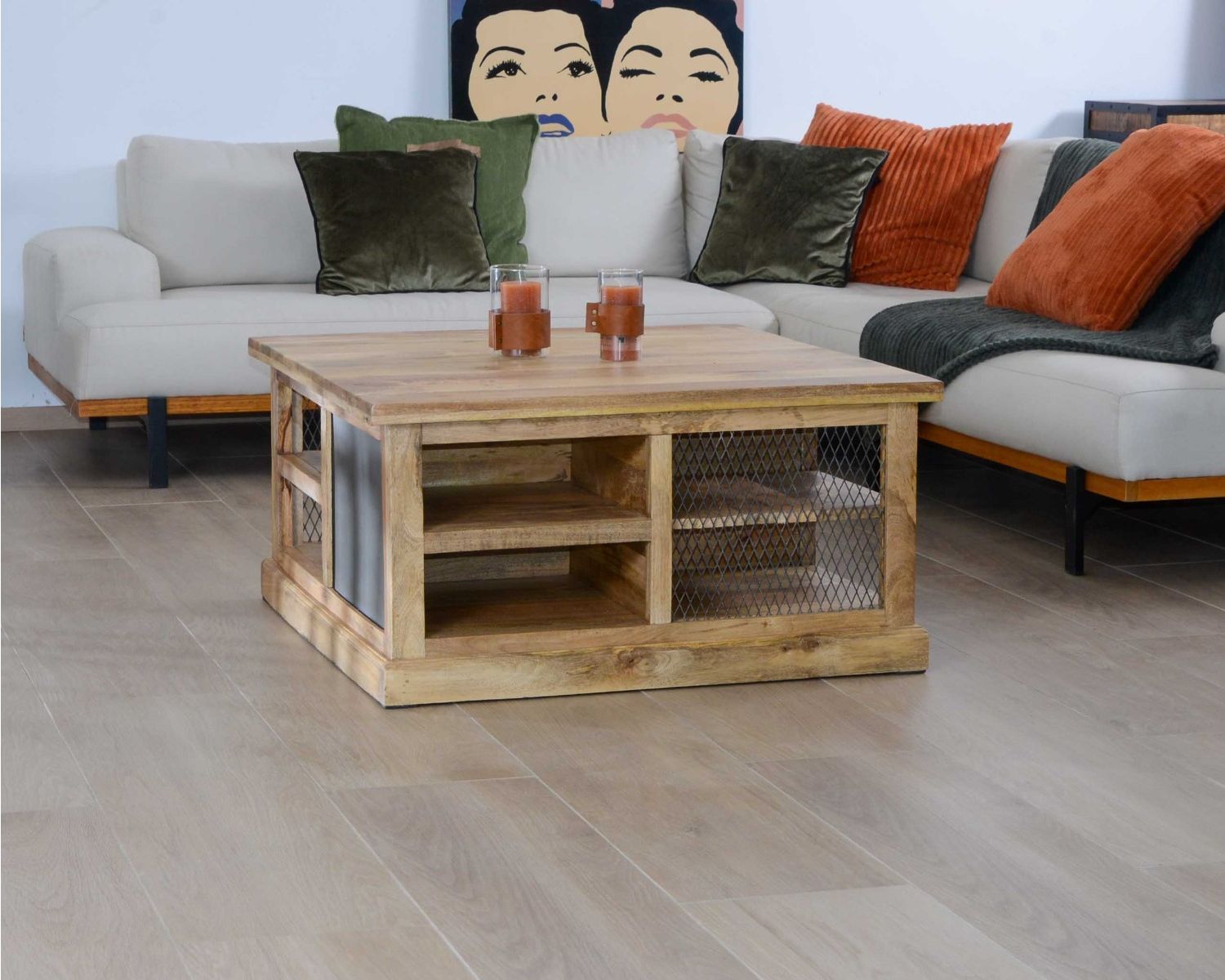 Tavolino quadrato "Caractère" con contenitori in metallo e legno