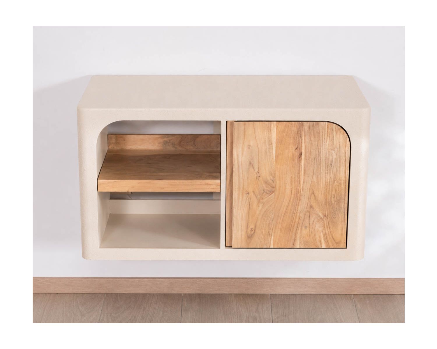 Mobile sottolavabo da 90 cm da appendere “Miona”, dal design organico e dall’effetto cemento sabbiato