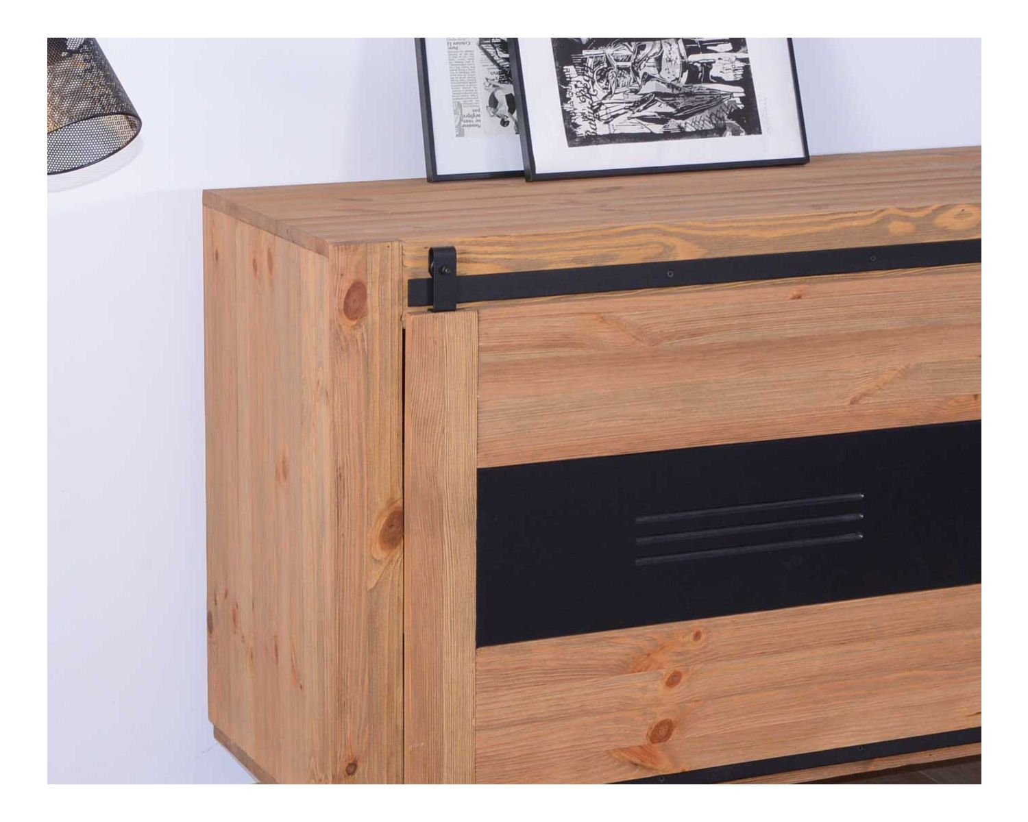 Grande credenza industriale "Cardiff" in legno e pino massiccio spazzolato