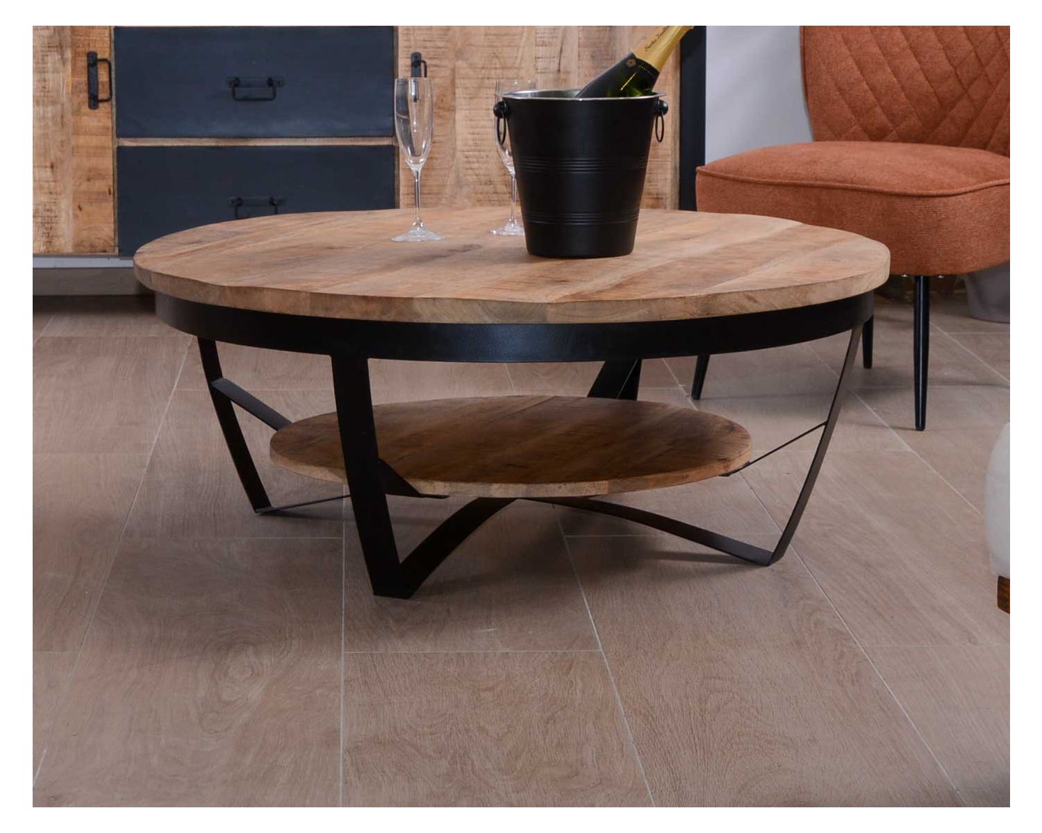 Tavolino "Andy" in legno massiccio e metallo diam. 90cm