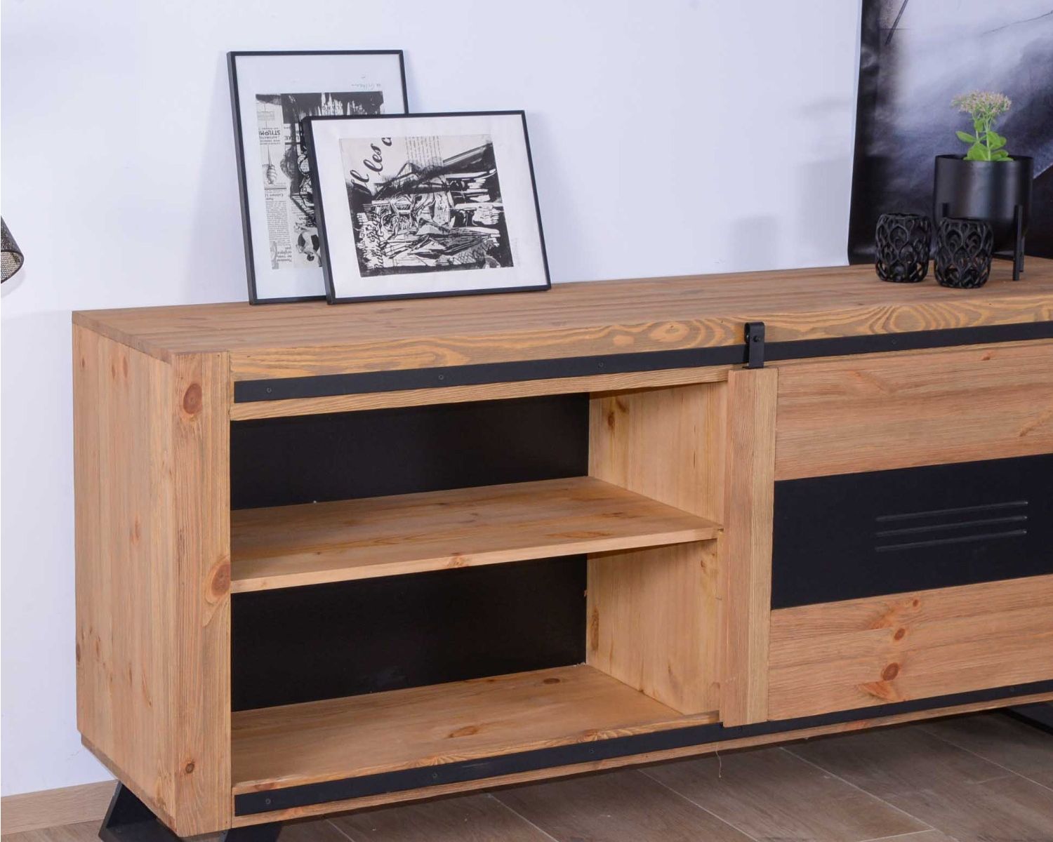 Grande credenza industriale "Cardiff" in legno e pino massiccio spazzolato