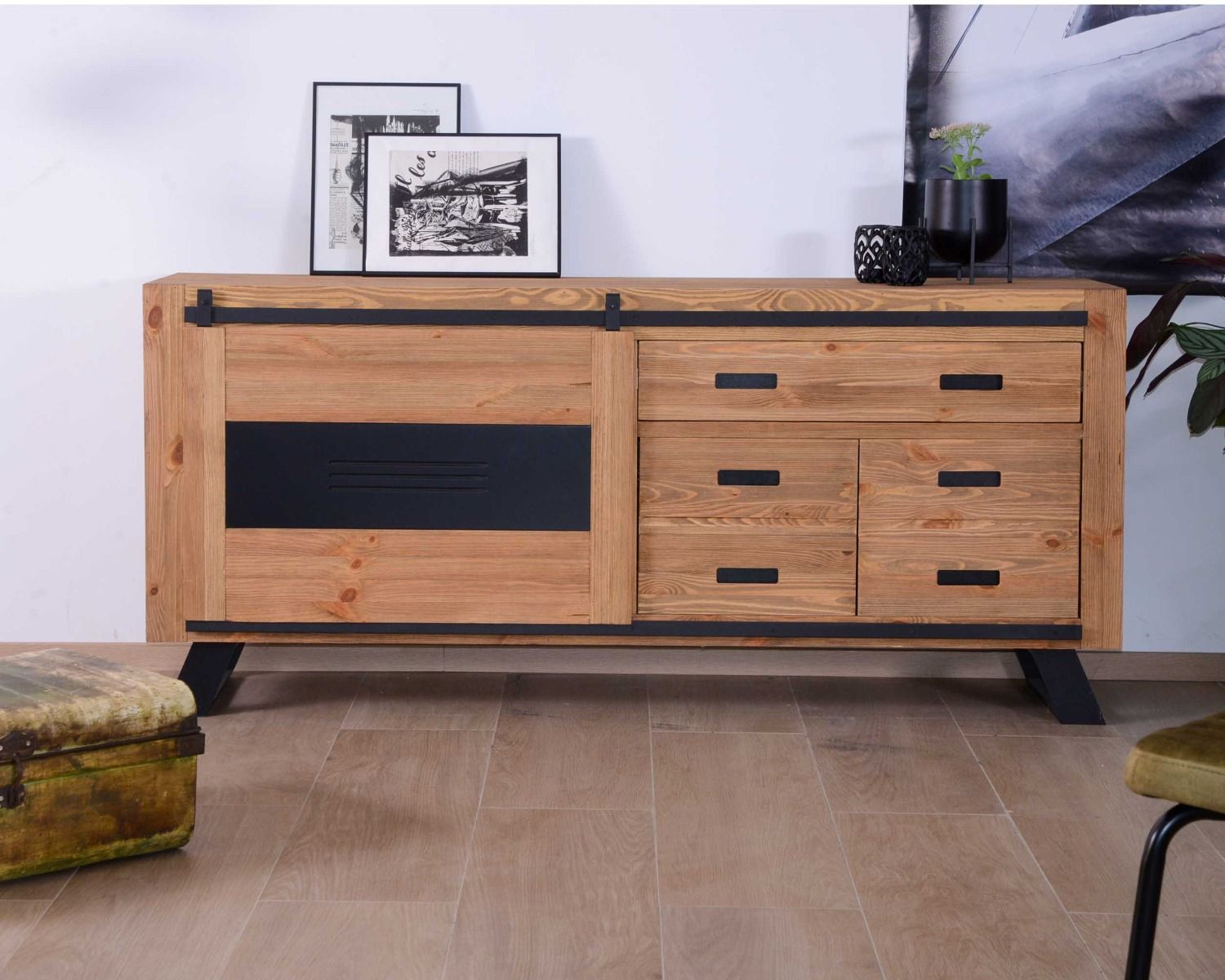 Grande credenza industriale "Cardiff" in legno e pino massiccio spazzolato