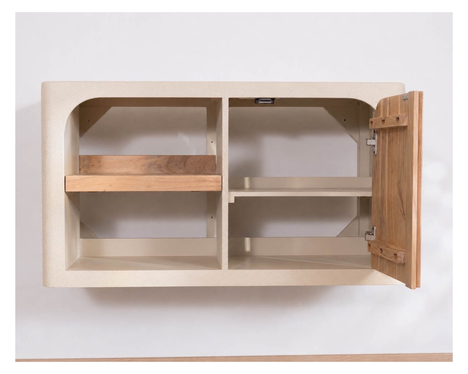 Mobile sottolavabo da 90 cm da appendere “Miona”, dal design organico e dall’effetto cemento sabbiato