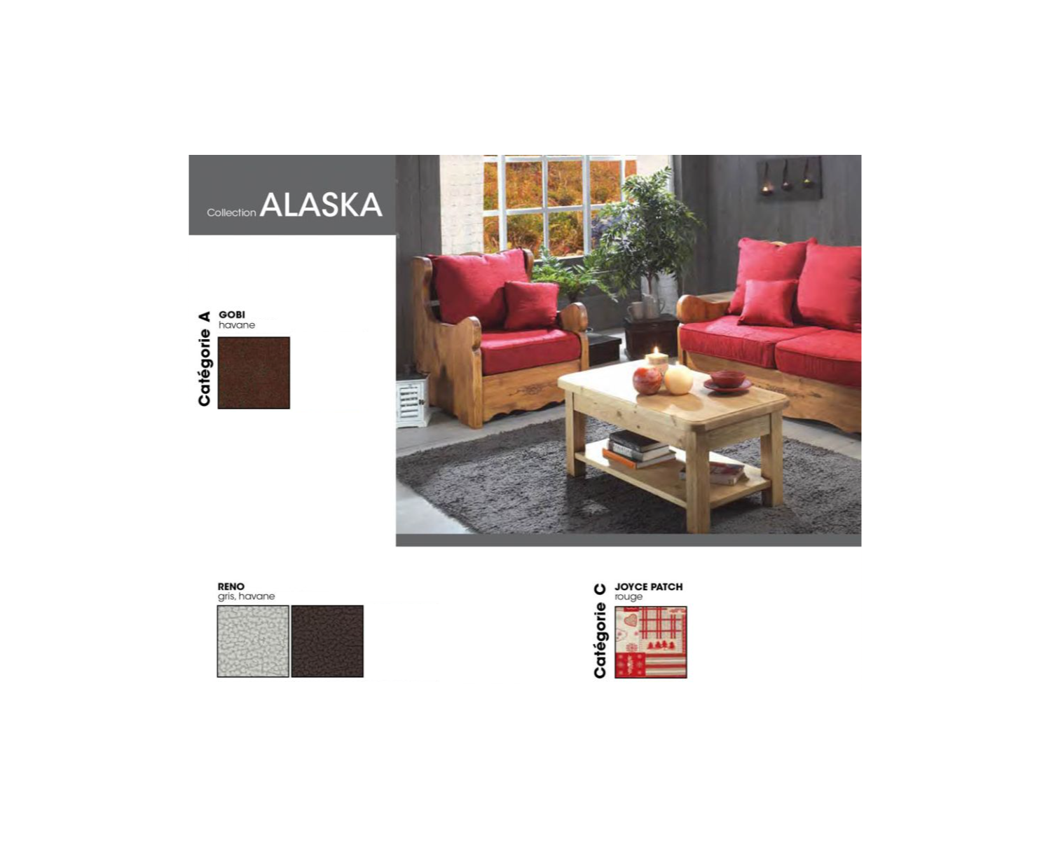 Pouf rustico con rivestimento in pino massiccio e tessuto a scelta "Alaska"