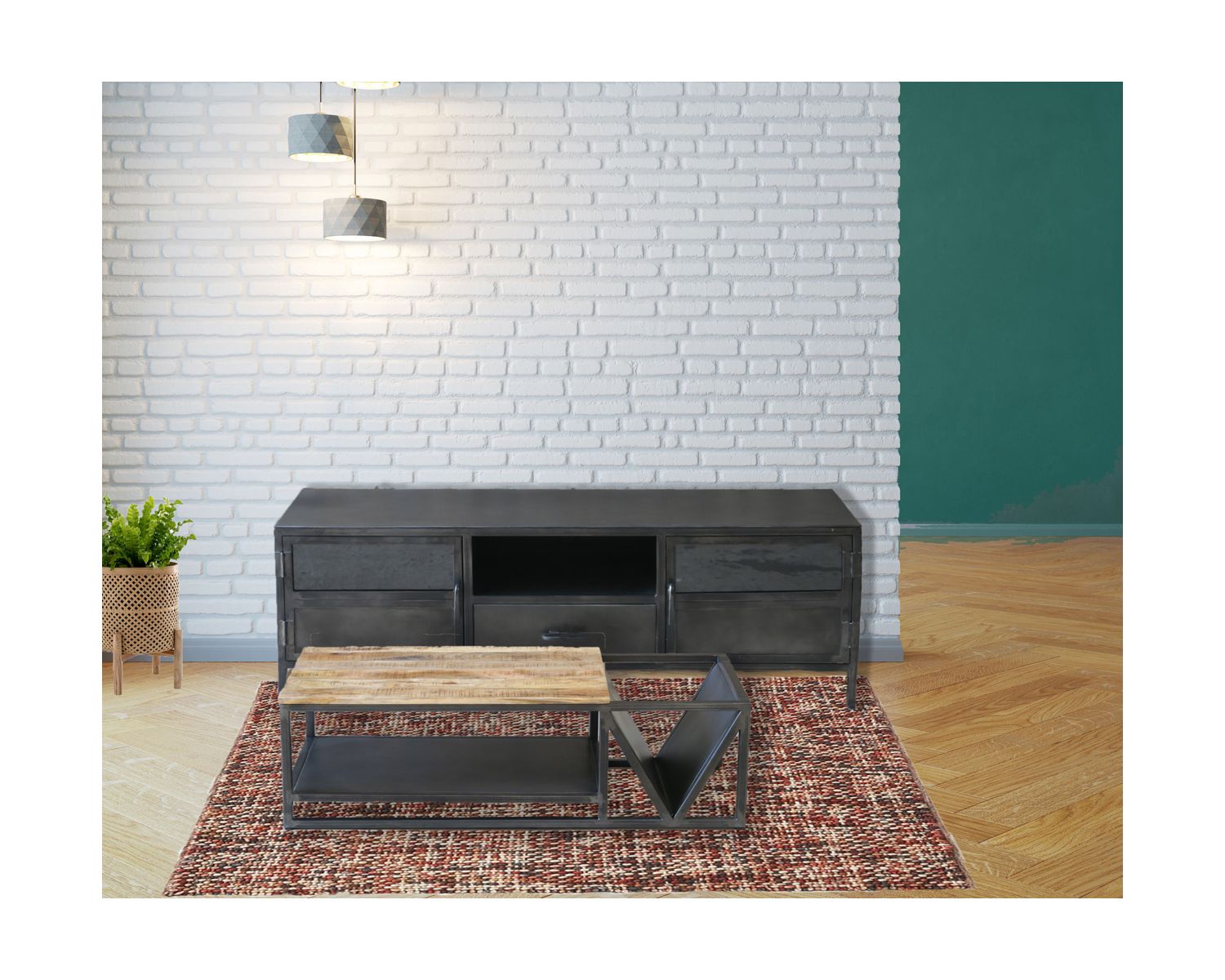 Tavolino di design industriale "Caractère" in metallo e legno massiccio