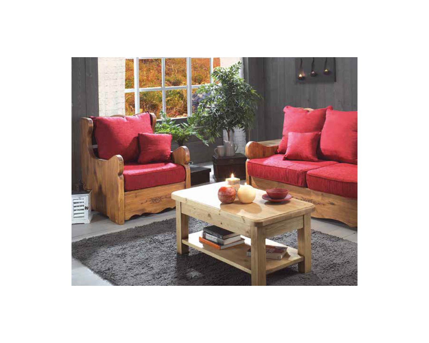 Poltrona in stile rustico in pino massiccio e tessuto "Alaska" a scelta