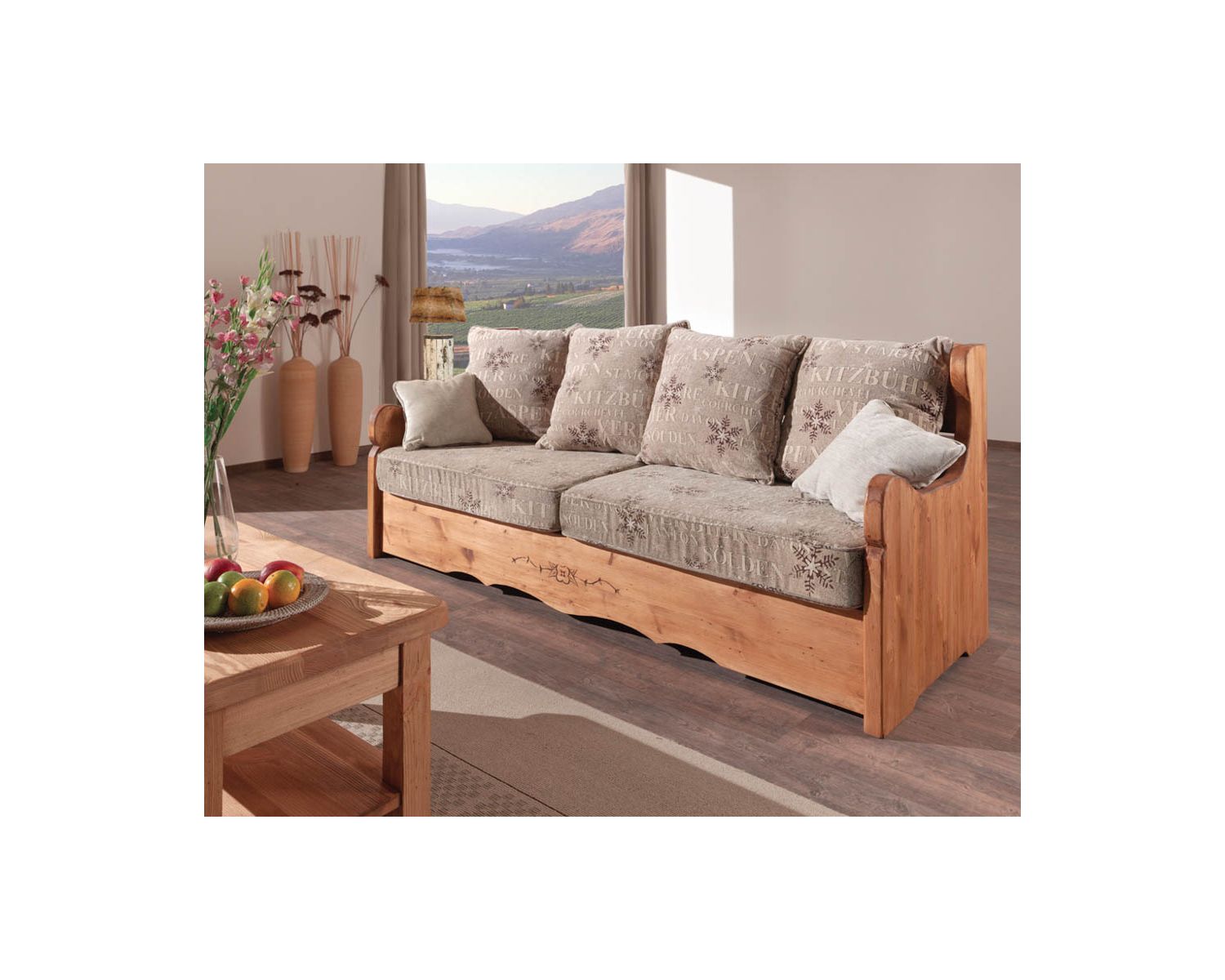 Divano "Alaska" a 3 posti in stile montano con tessuto a scelta