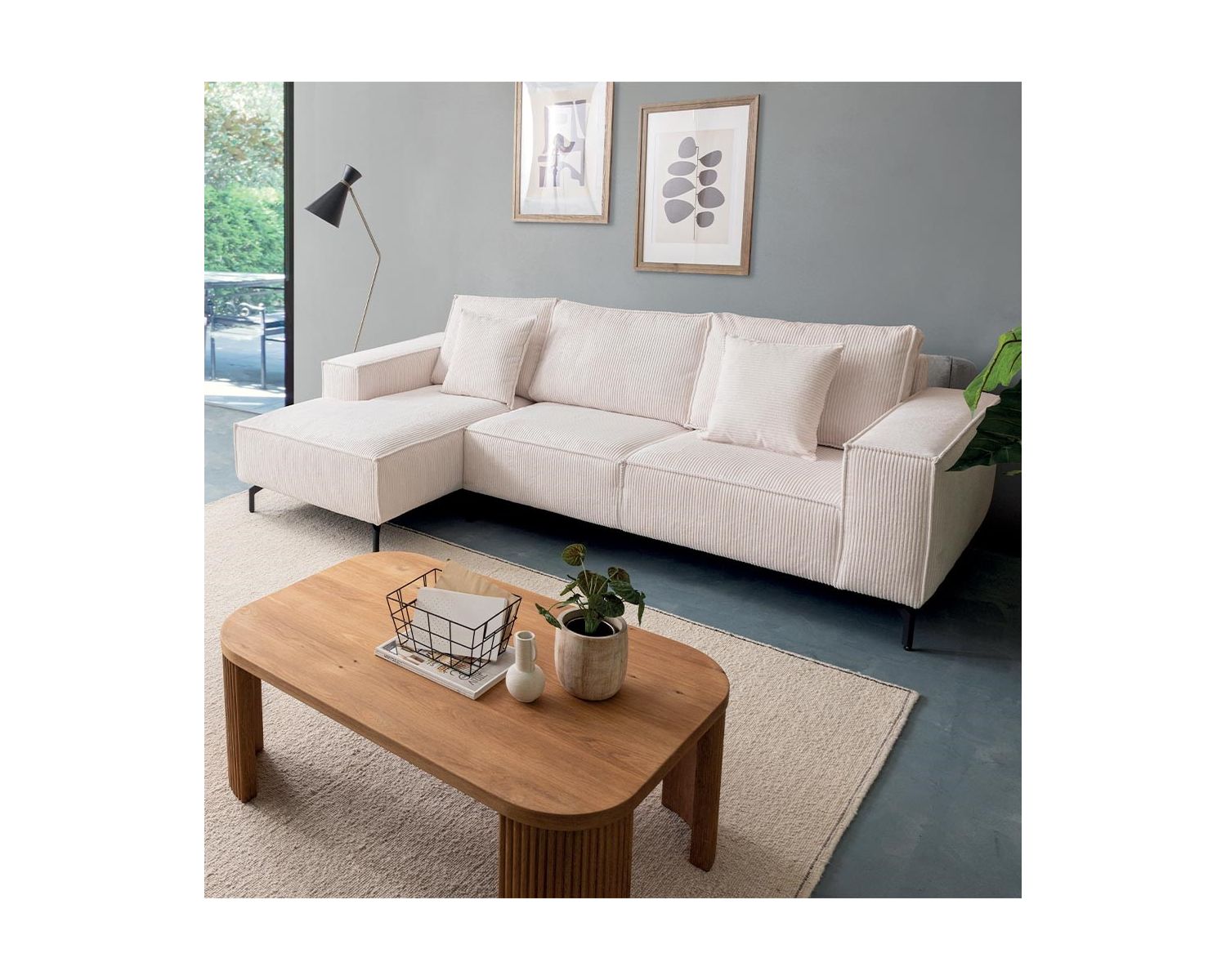 Divano angolare in velluto a coste con meridienne "Pueblo" in una scelta di sensi e di colori