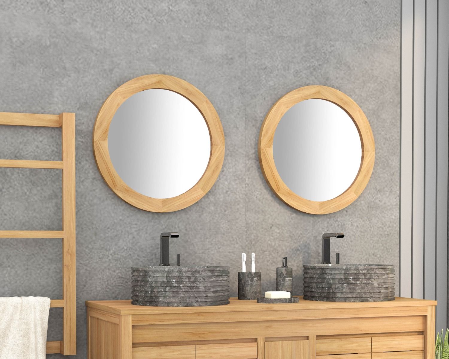 Specchio rotondo di 60 cm di diametro con cornice in teak