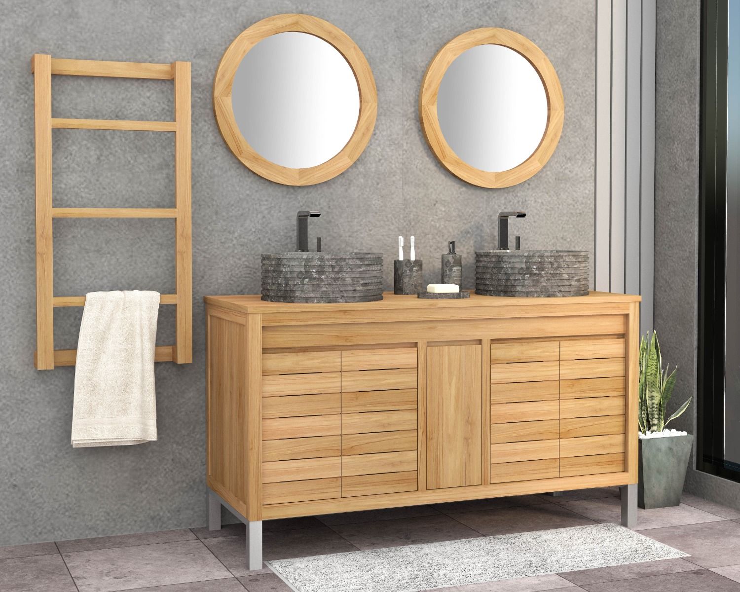 Specchio rotondo di 60 cm di diametro con cornice in teak