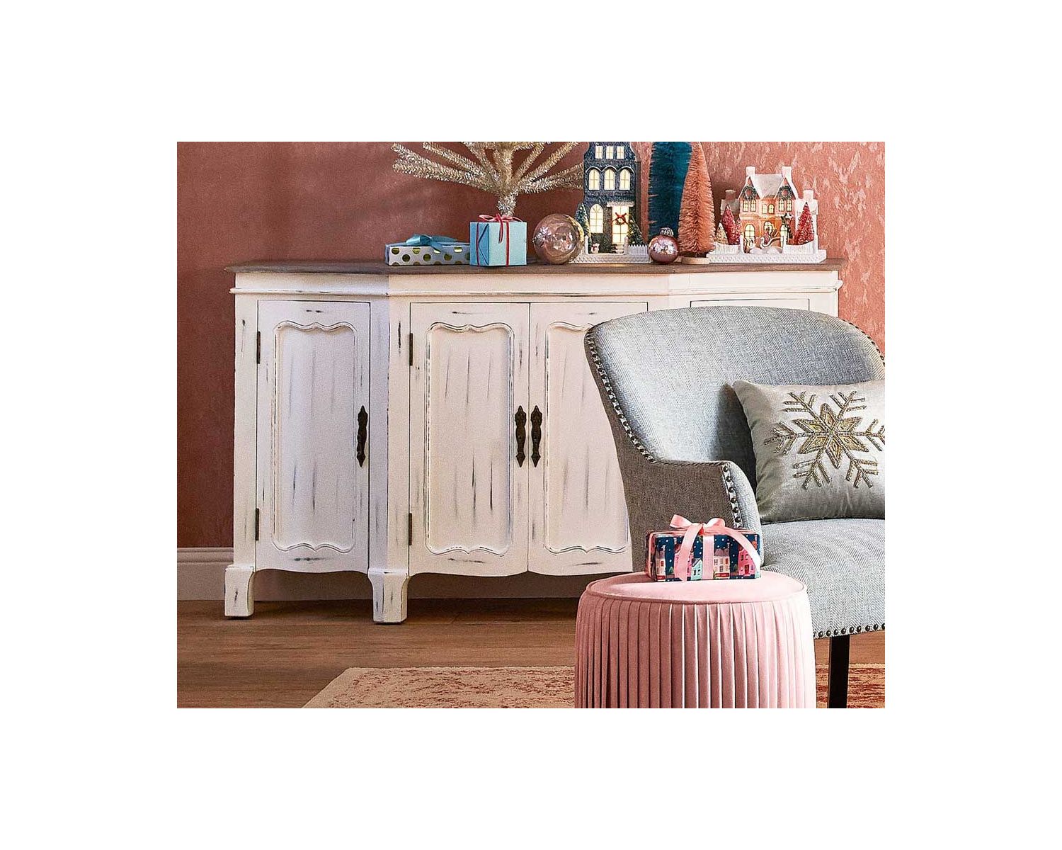 Credenza a 4 ante "Héritage" di colore bianco sporco con piano in legno invecchiato