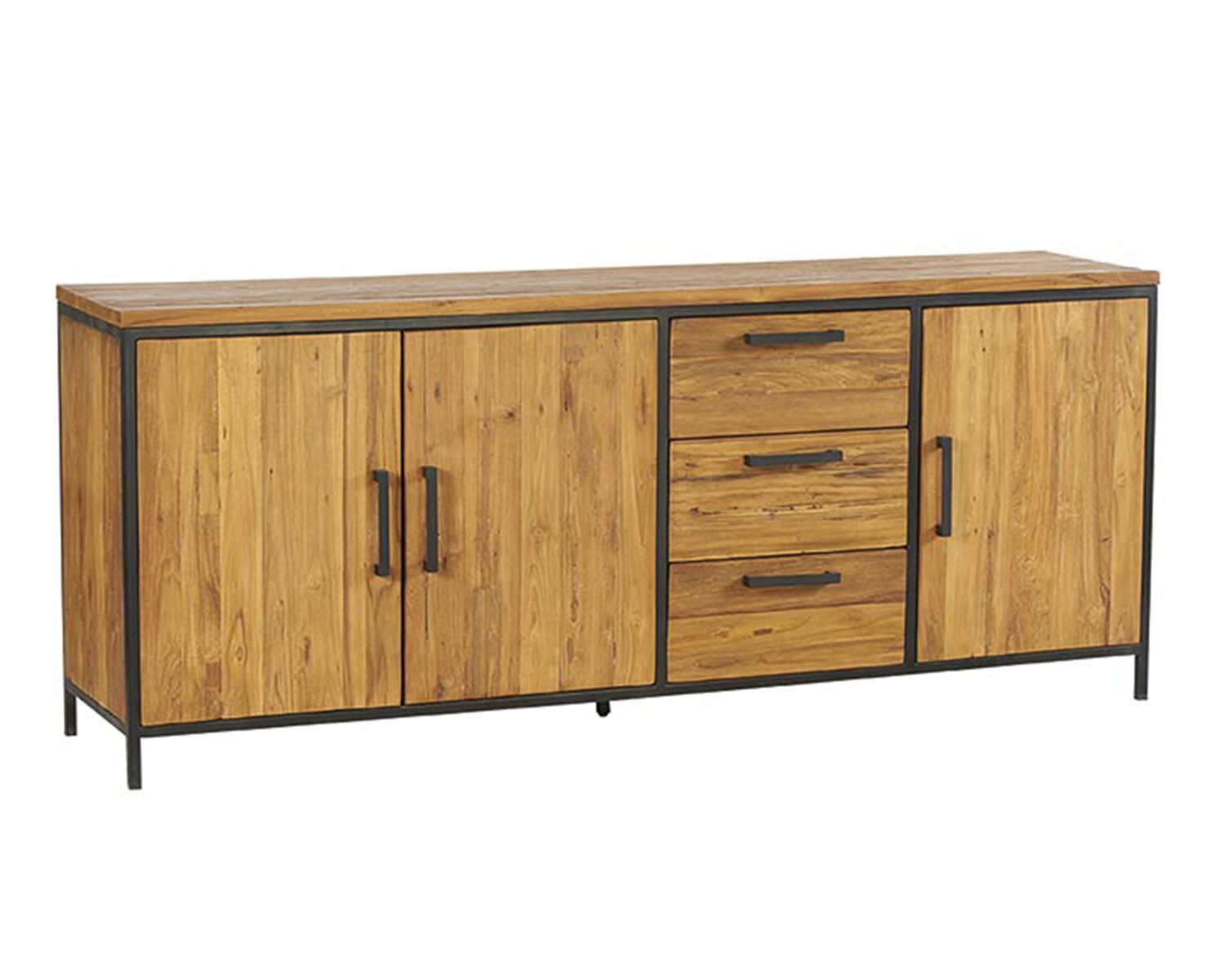 Credenza a 3 ante e 3 cassetti in teak massiccio e metallo 195 cm "Roster
