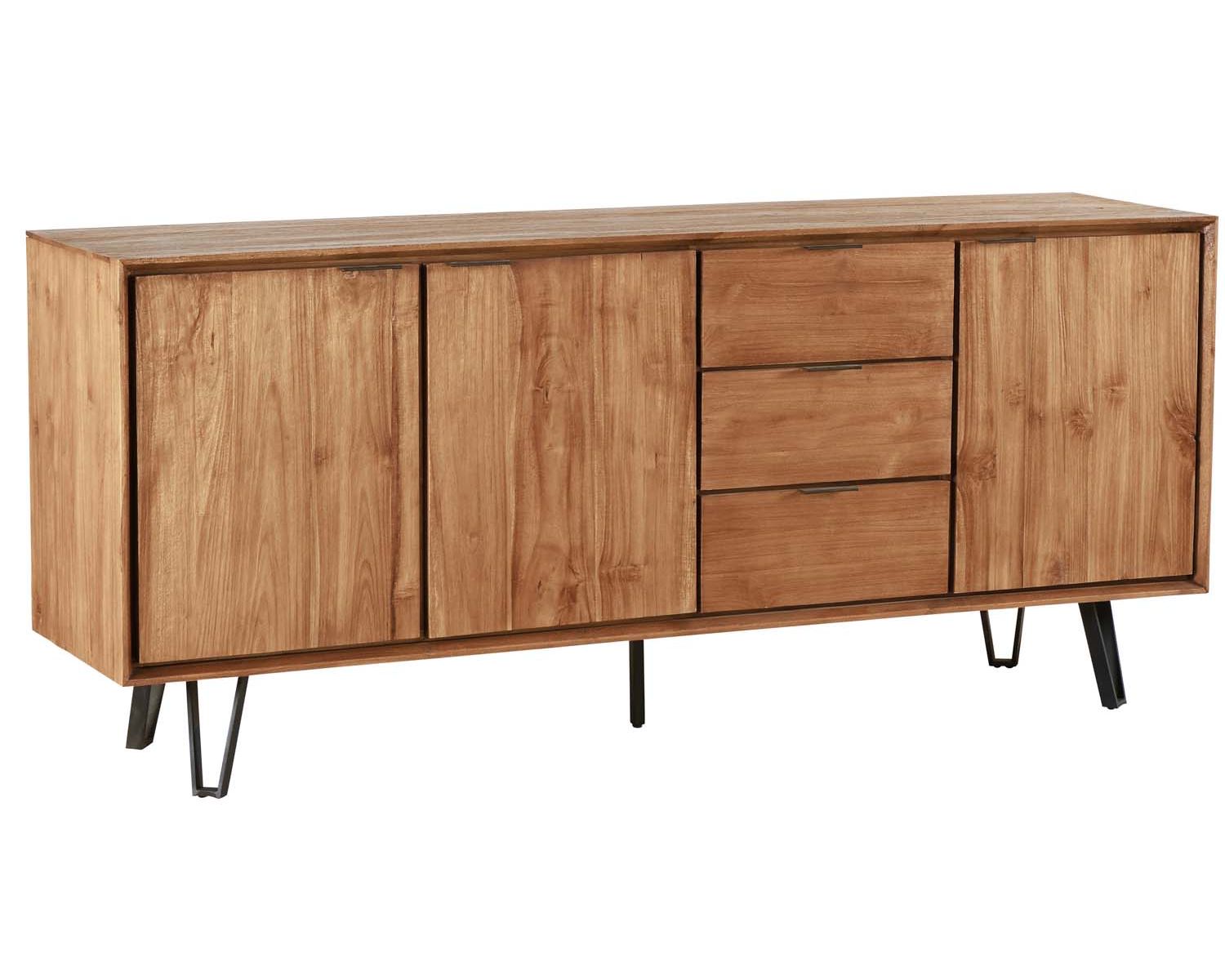 Credenza bassa "Moluca" in legno massiccio di teak di recupero con gambe in metallo 195 cm