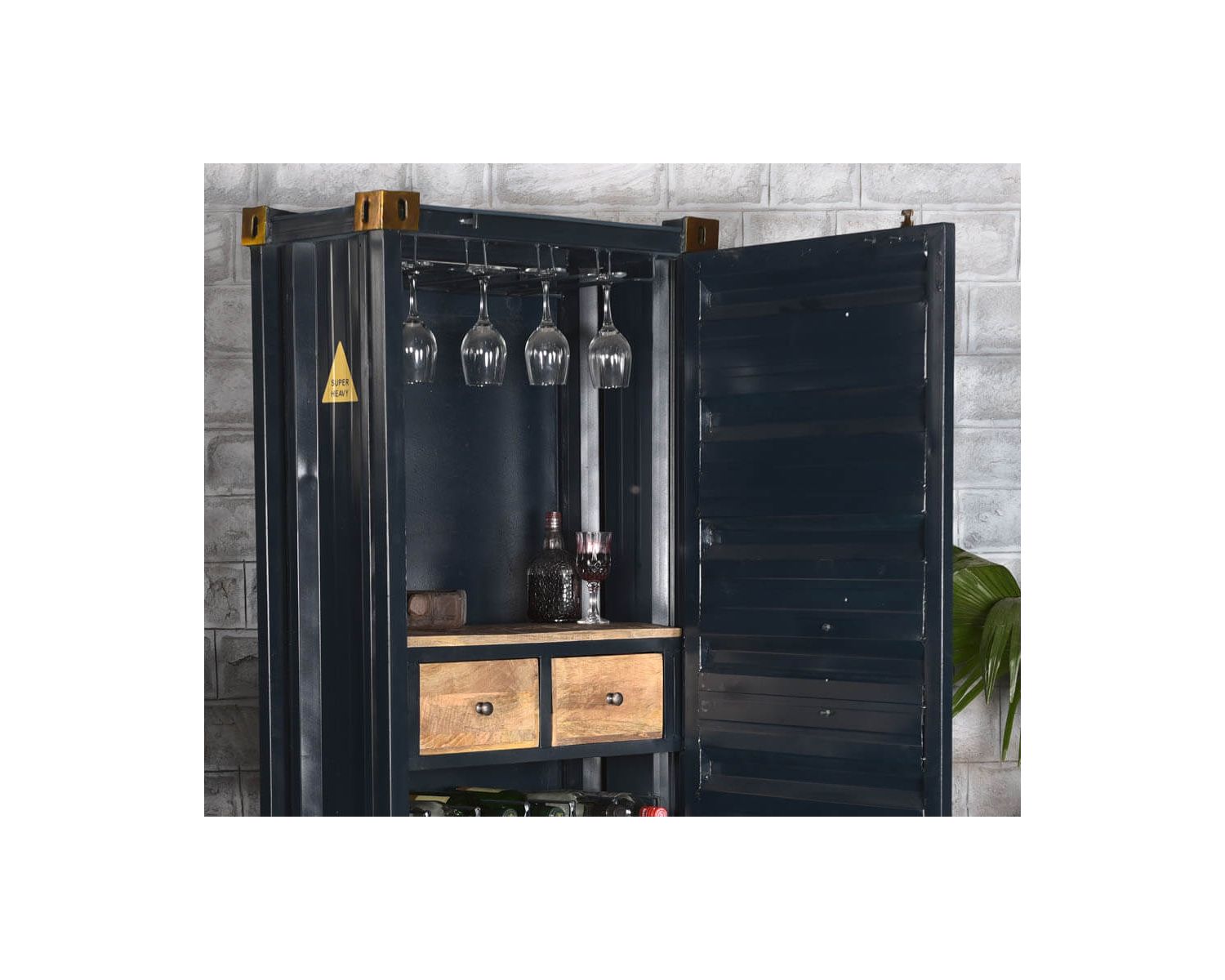 Mobile bar contenitore "Crazy" in metallo e legno blu notte. altezza 178 cm