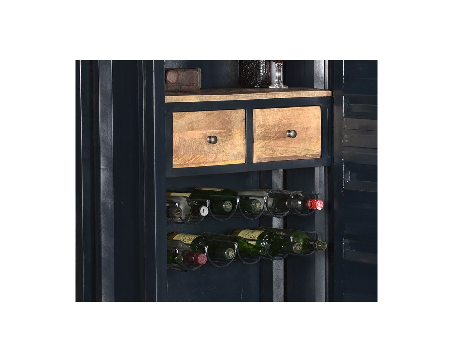 Mobile bar contenitore "Crazy" in metallo e legno blu notte. altezza 178 cm