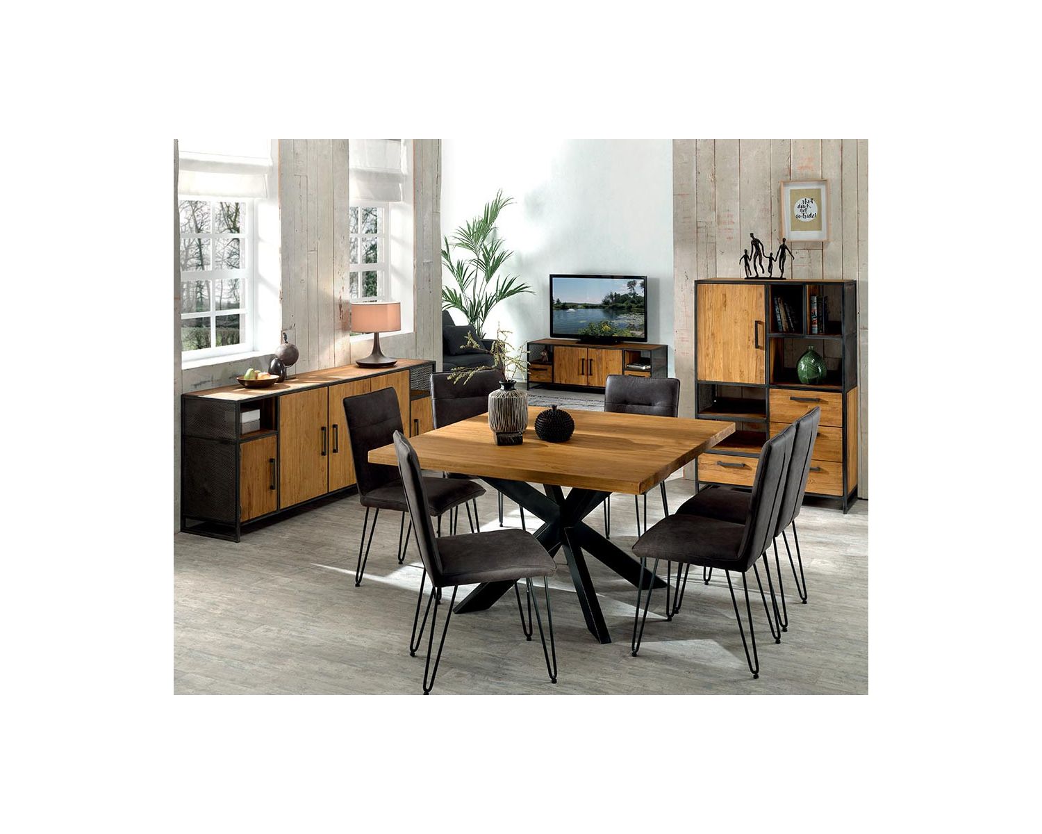 Credenza bassa "Athena" in teak di recupero e ferro antico con 3 ante e 1 nicchia