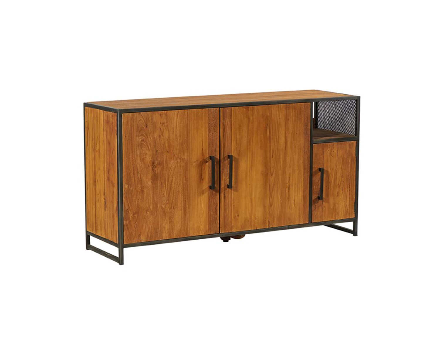 Credenza bassa "Athena" in teak di recupero e ferro antico con 3 ante e 1 nicchia