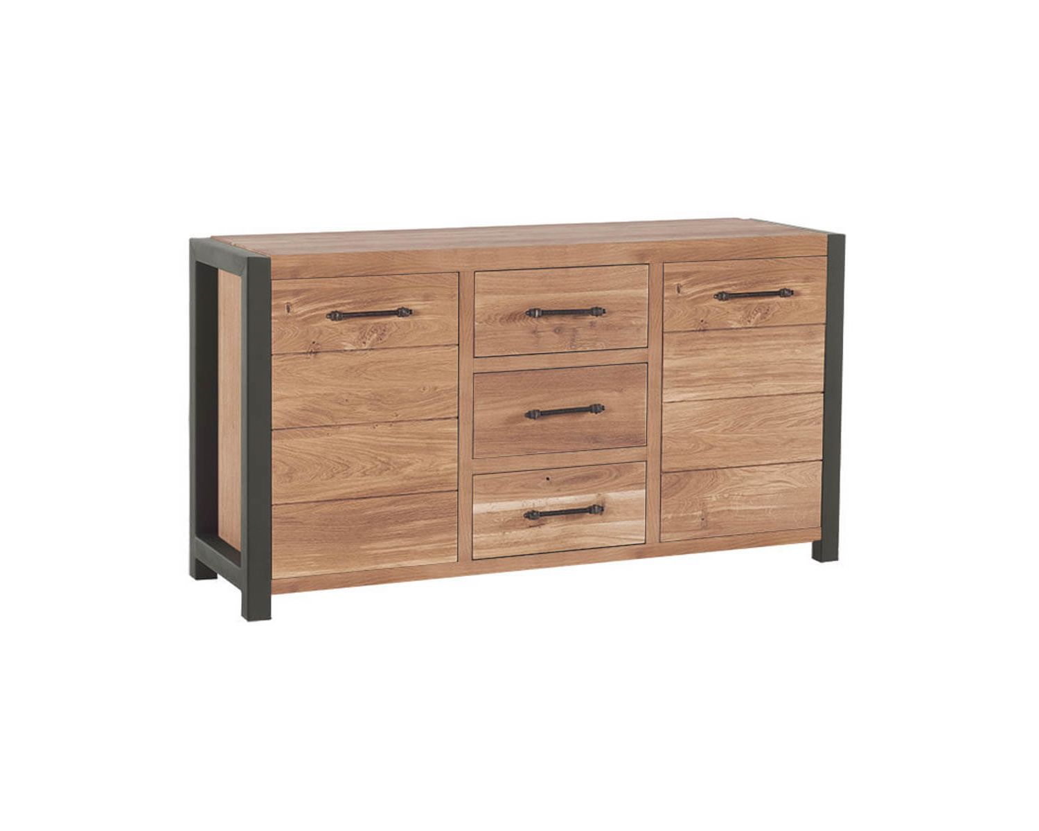 Credenza indus "Catania" in rovere massiccio e metallo nero a 2 ante e 3 cassetti