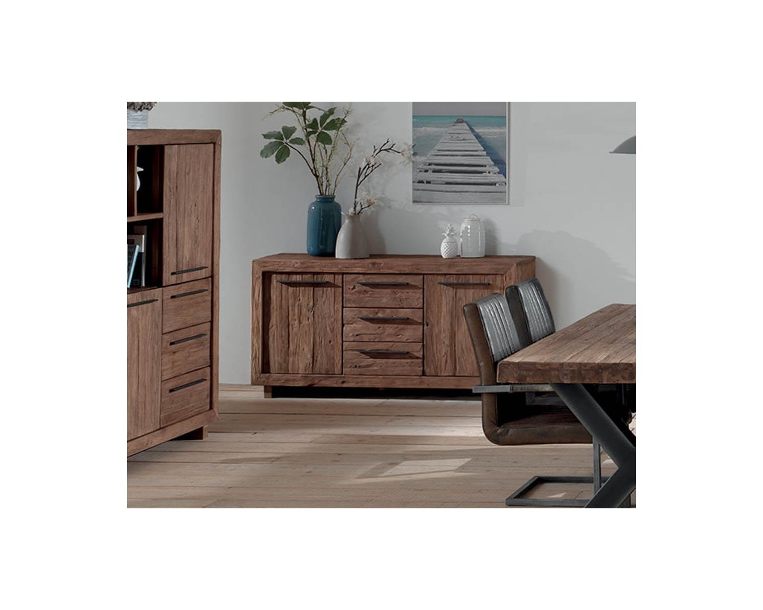 Credenza a 2 ante e 3 cassetti in teak massiccio "Oregon" di recupero