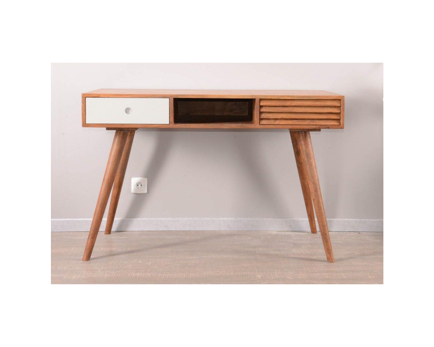 Scrivania scandinava in palissandro "Vintage grey" con cassetto bianco