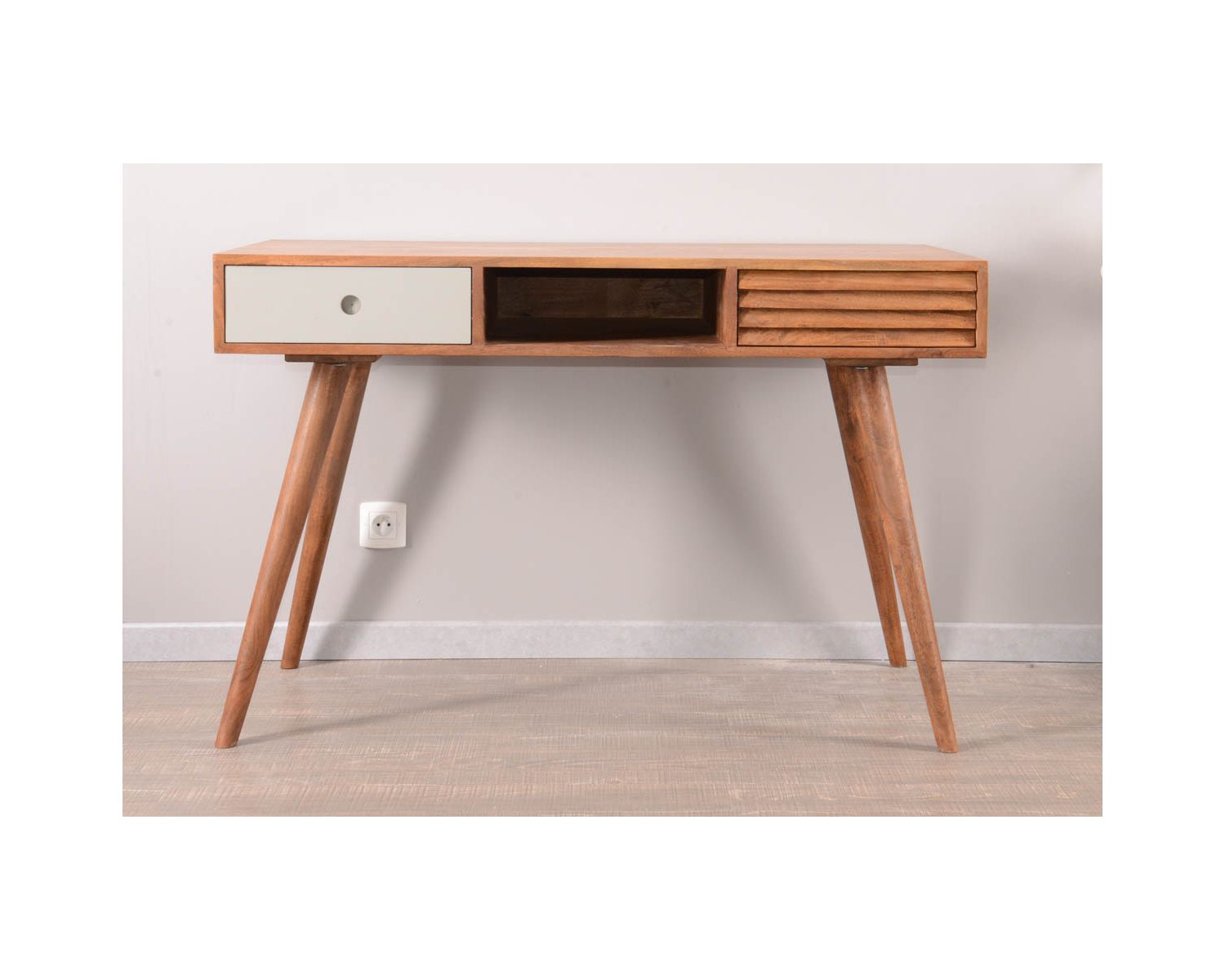 Scrivania "vintage grey" in legno e palissandro a cassetti grigio