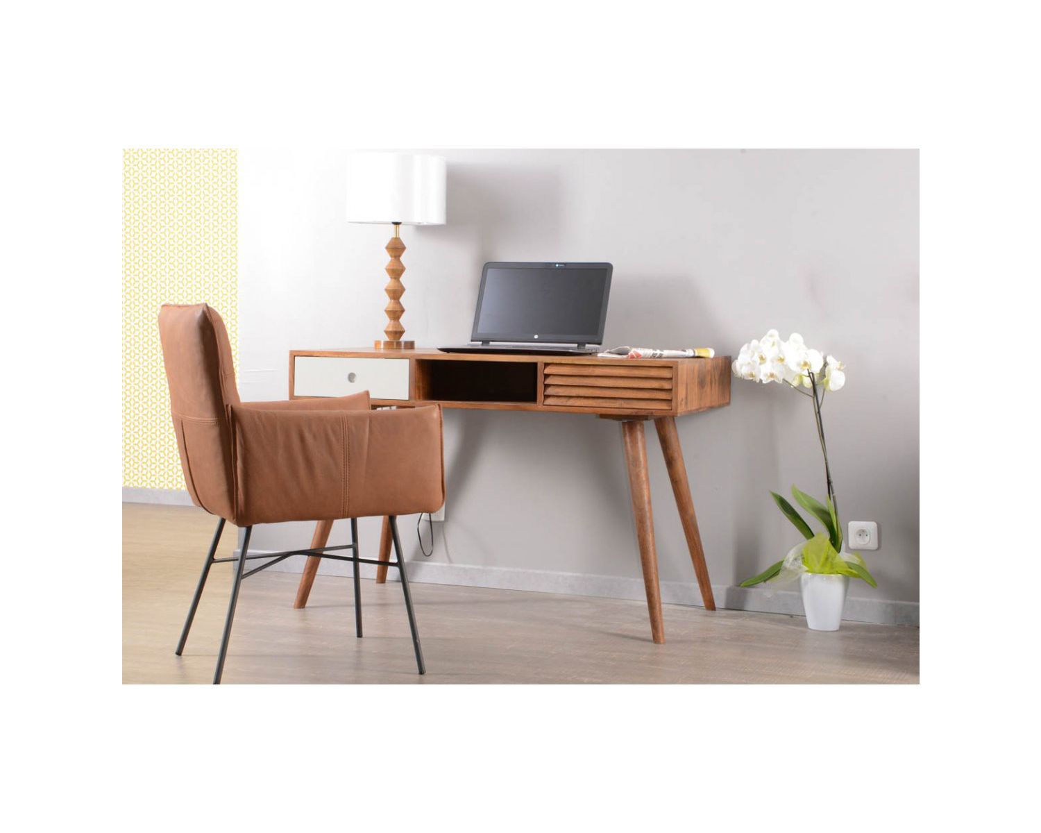 Scrivania scandinava in palissandro "Vintage grey" con cassetto bianco