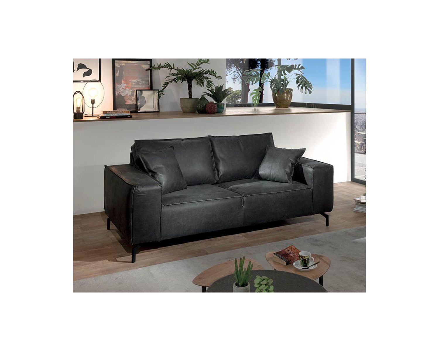 Divano a 3 posti in tessuto grigio scuro dal design "Pueblo" con gambe in metallo