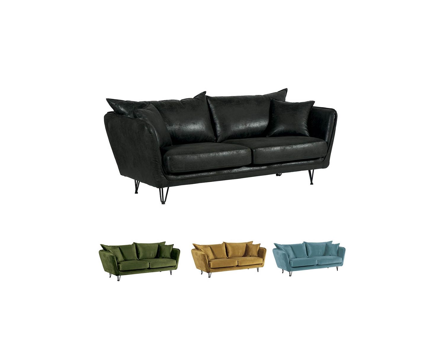 Divano vintage a 3 posti grigio scuro con gambe "Hasting" in metallo