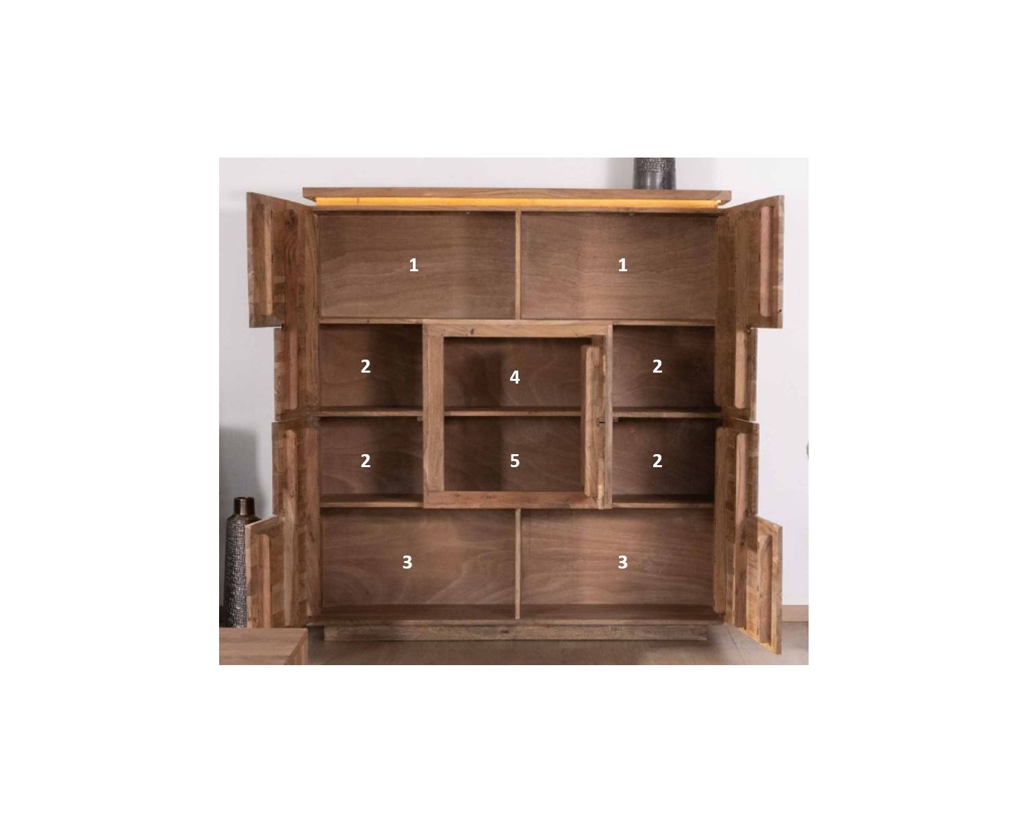 Credenza con illuminazione a LED in acacia massiccia e impiallacciatura in pietra "Paguera"