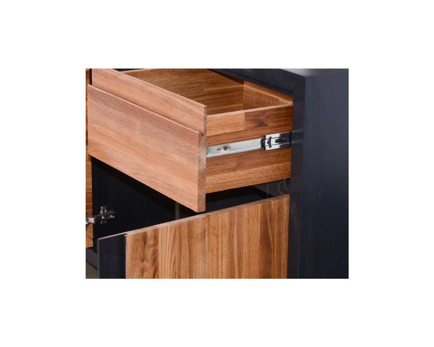 Credenza "Flix" nera e legno in stile contemporaneo a 4 ante e 1 cassetto