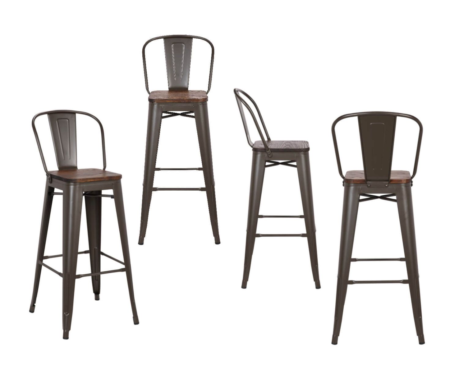 Set di 4 sedie da bar industriali in metallo grigio "Osaca" con sedute in legno