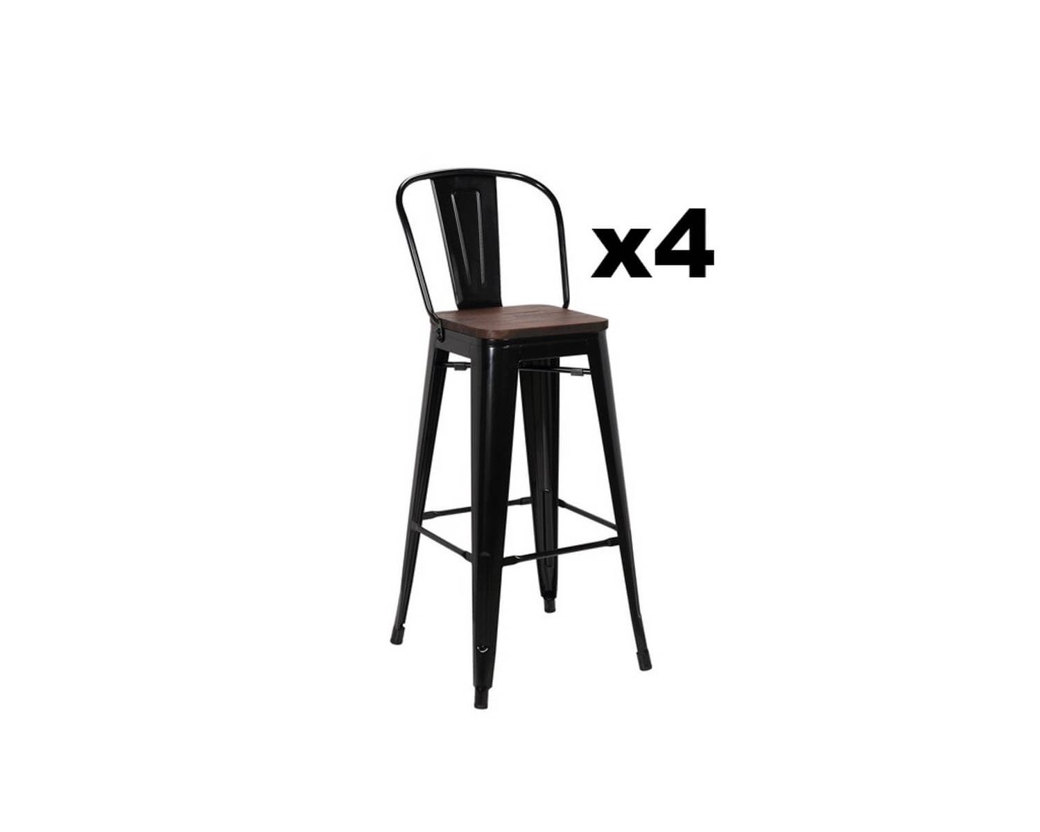 Set di 4 sedie da bar "Osaca" in metallo nero con seduta in legno