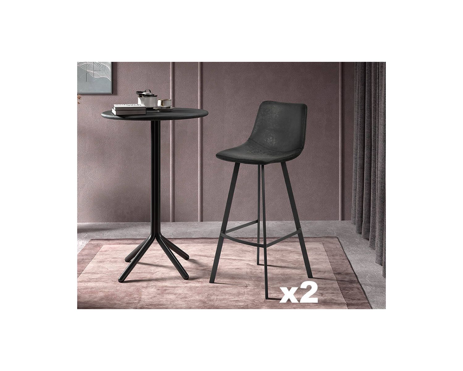 Set di 2 sedie da bar "For" nere in PU e metallo in stile vintage