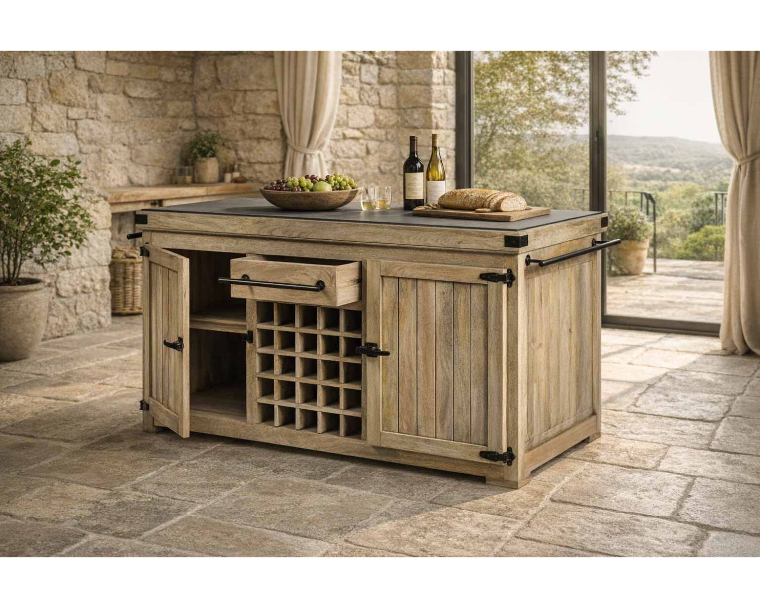 Blocco cucina grande in legno massiccio "Grand Chef" con piano in pietra 165 cm