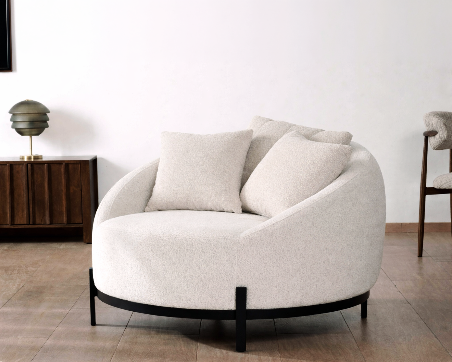 Poltrona rotonda "Sweet Culture" 120 cm in tessuto bianco screziato e cuscini in velluto a coste