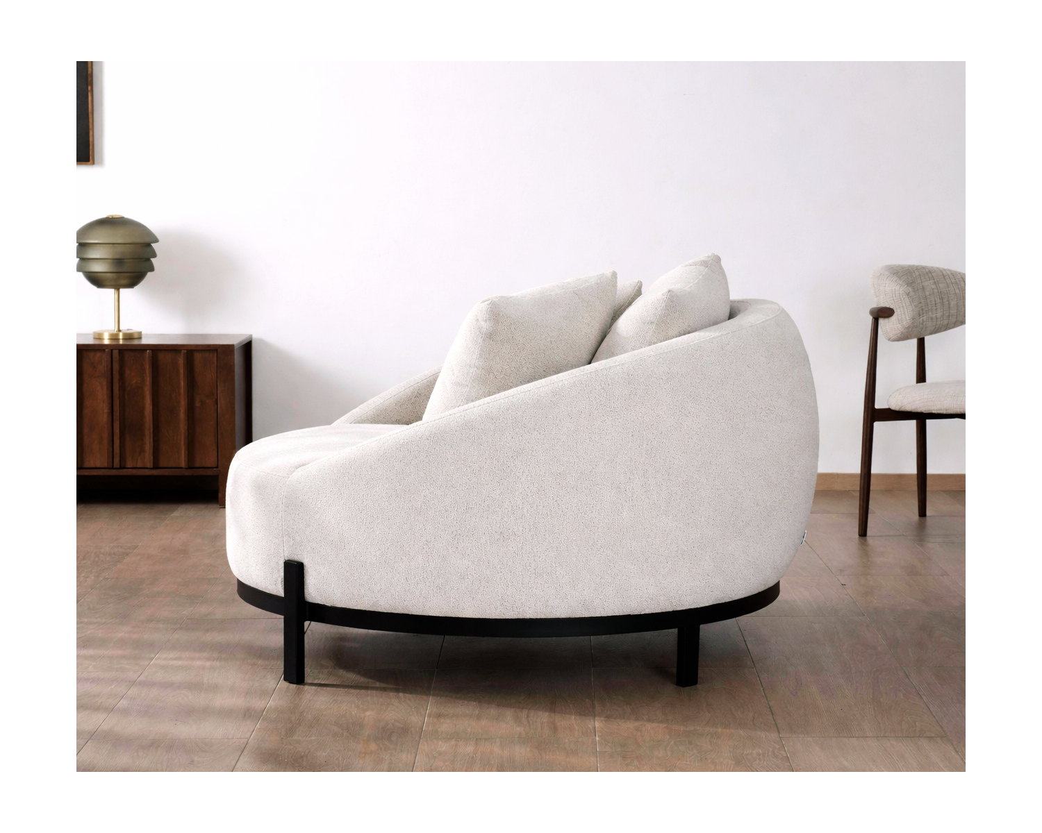 Poltrona rotonda "Sweet Culture" 120 cm in tessuto bianco screziato e cuscini in velluto a coste