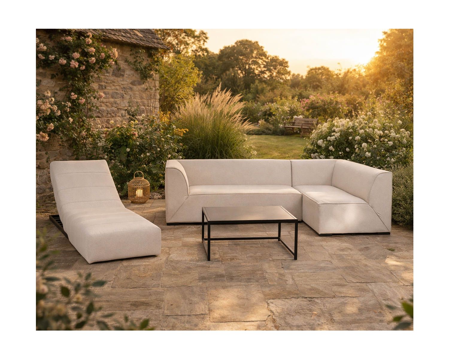 Divano da esterno a 2 moduli "Sunset Bay", tessuto speciale per esterni crema