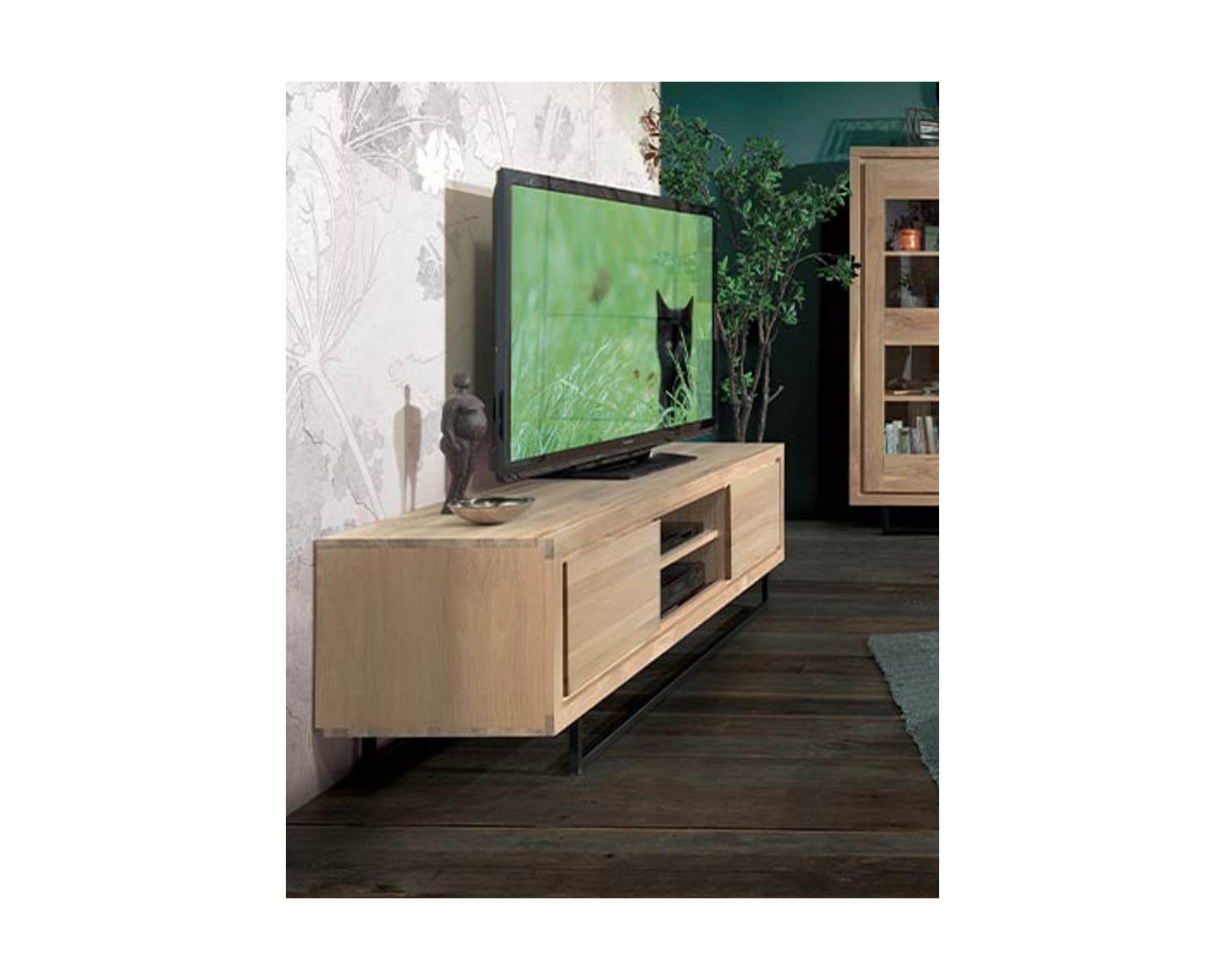 Elegante mobile TV "Ripley" a 2 nicchie e 2 ante in rovere e metallo