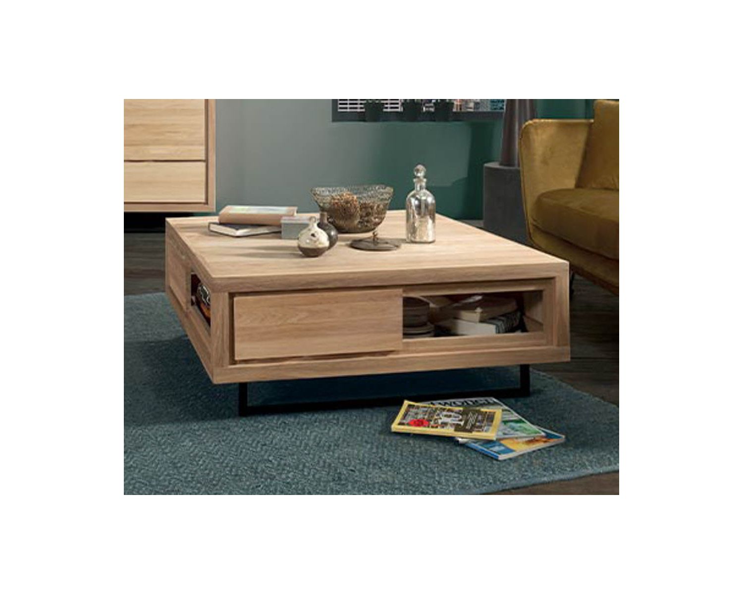 Tavolino quadrato "Ripley" in rovere massiccio e metallo nero 100 x 100 cm