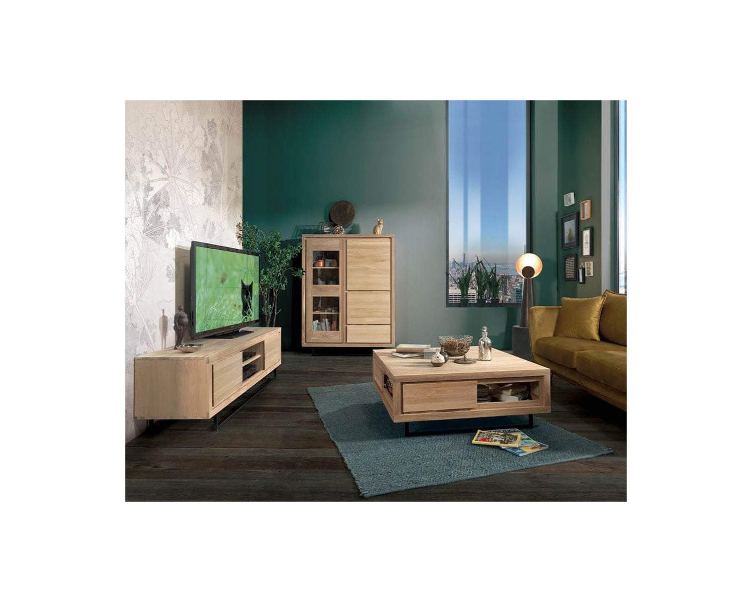 Elegante mobile TV "Ripley" a 2 nicchie e 2 ante in rovere e metallo