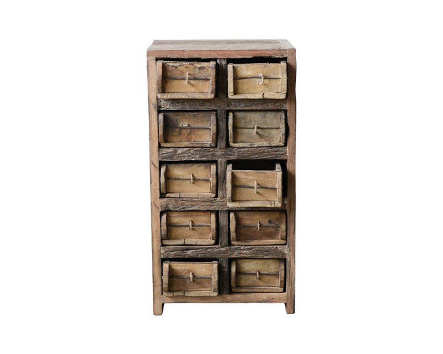 Piccolo mobile contenitore "nepalese" in legno riciclato con 10 cassetti