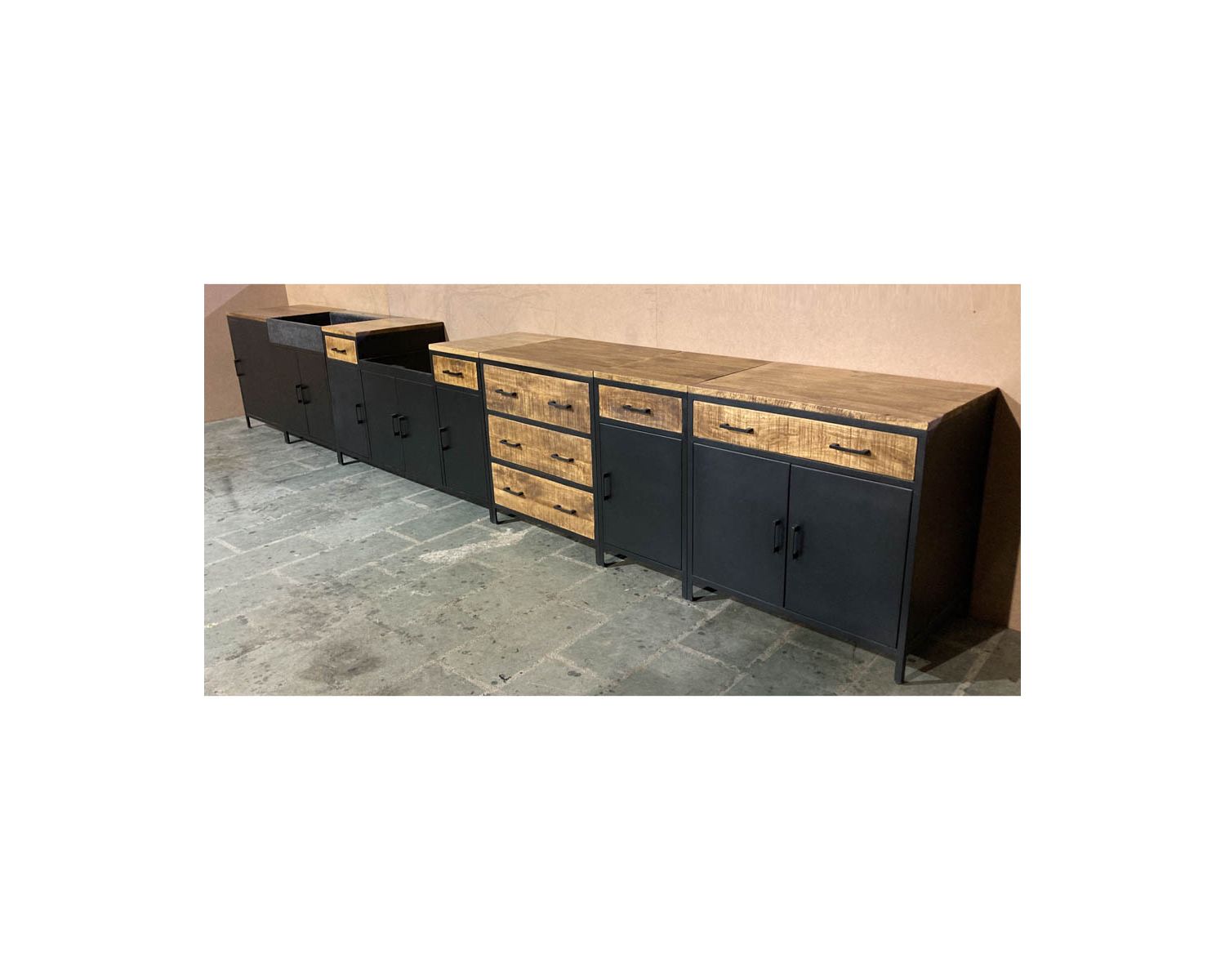 Armadio a 3 cassetti "Atelier" per cucine in legno e metallo in stile industriale