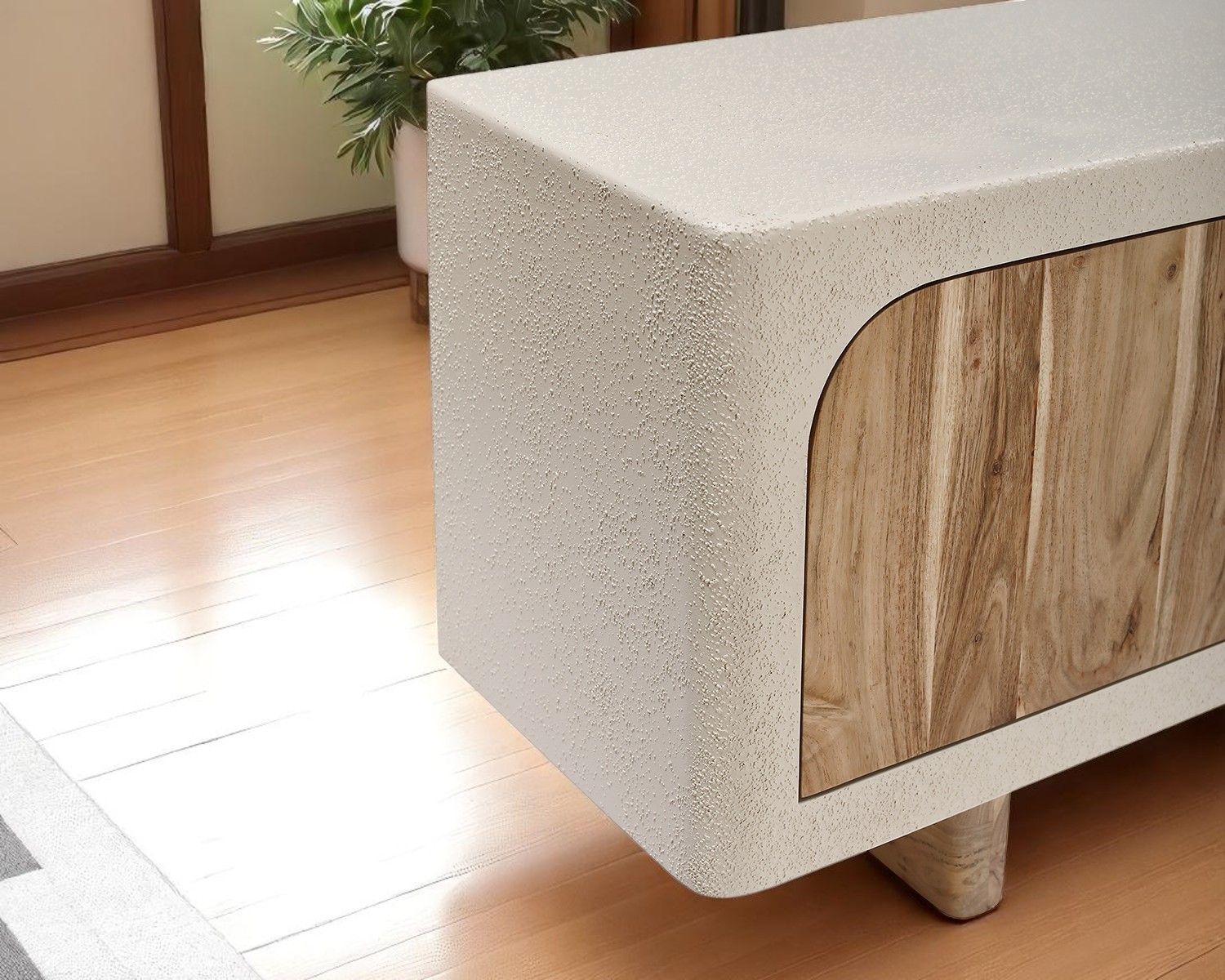 Mobile TV contemporaneo "Miona" in cemento sabbiato e look acacia