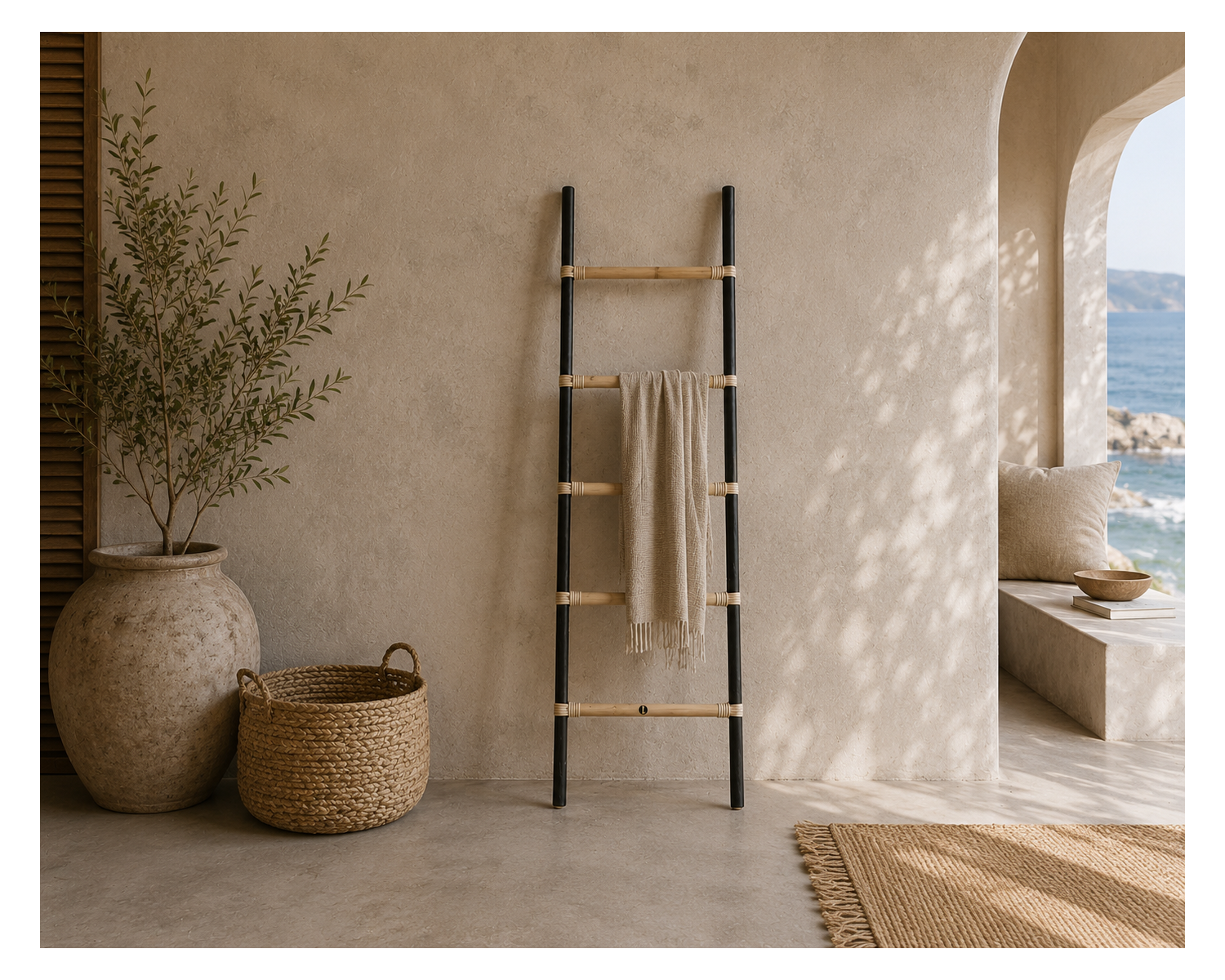 Scala in rattan con finitura bicolore naturale e nera “Solira” 150 cm