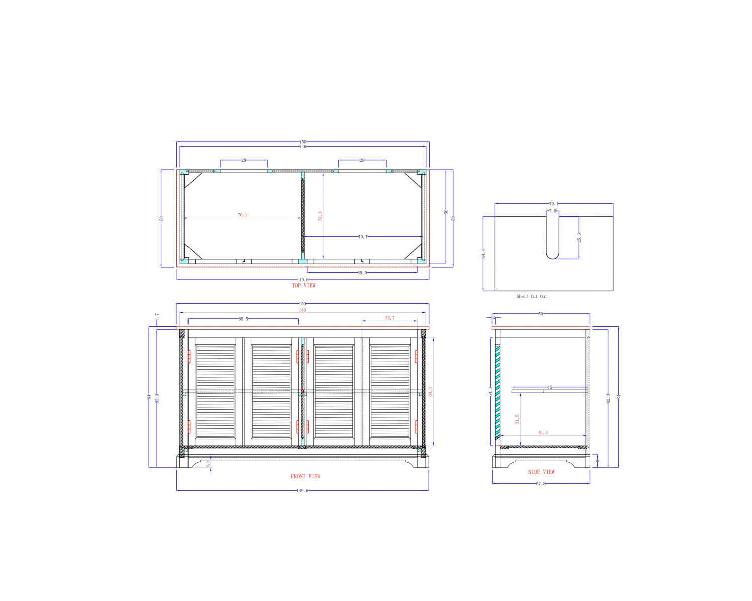 Mobiletto da bagno "Persienne" 150 cm con bulloni in cremonese e maniglie in marmo