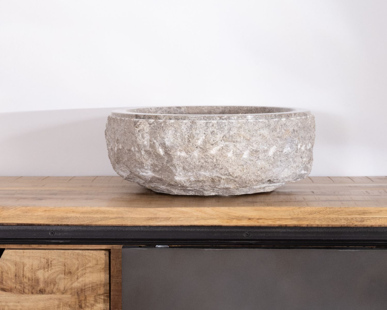 Bacino rotondo "Stone" in marmo grigio esterno grezzo e strutturato, diametro 40 cm