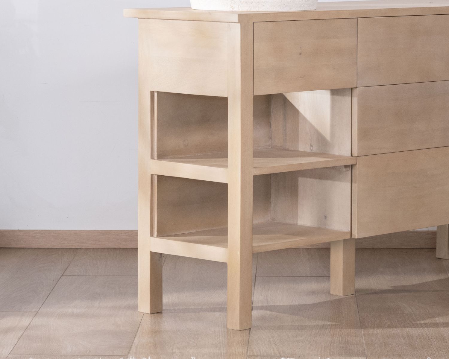 Mobile bagno doppio "Kahiko" in legno di mango sbiancato da 140 cm con nicchie e cassetti